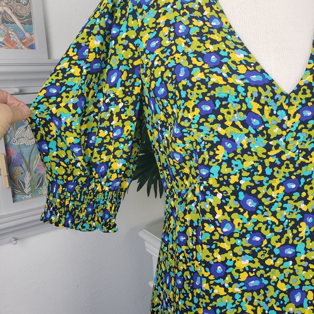 Rails Royal Blue Lime Floral Dress - Puffy Sleeves Coquette Feminine M